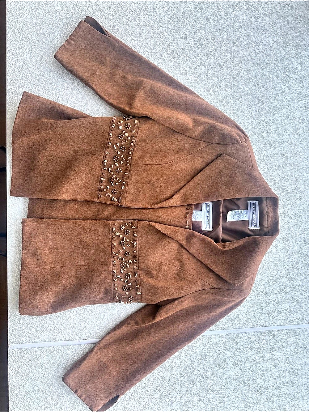 Jessica Howard Faux Suede Beaded Jacket and Tank Set Brown Size 6